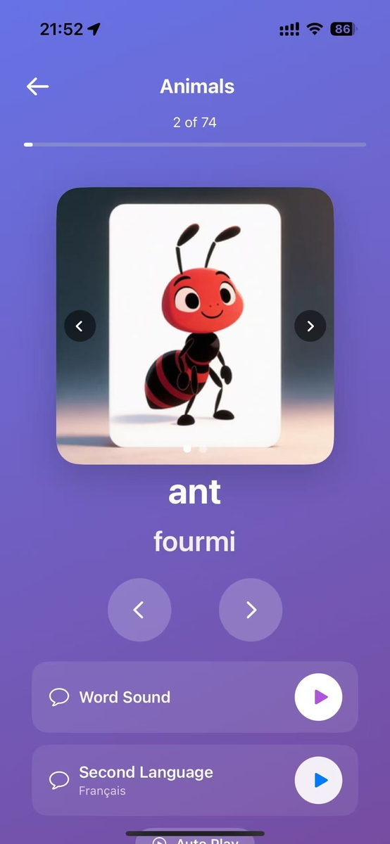 WordCards Plus bilingual word card showing an ant with English word 'ant' and French translation 'fourmi', featuring audio playback buttons for both languages