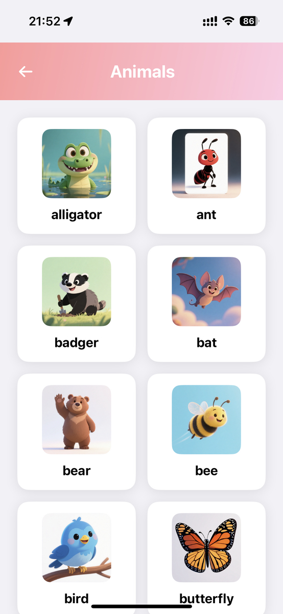 WordCards Plus Animals category showing vocabulary cards with colorful illustrations of alligator, ant, badger, bat, bear, bee, bird, and butterfly with clear word labels