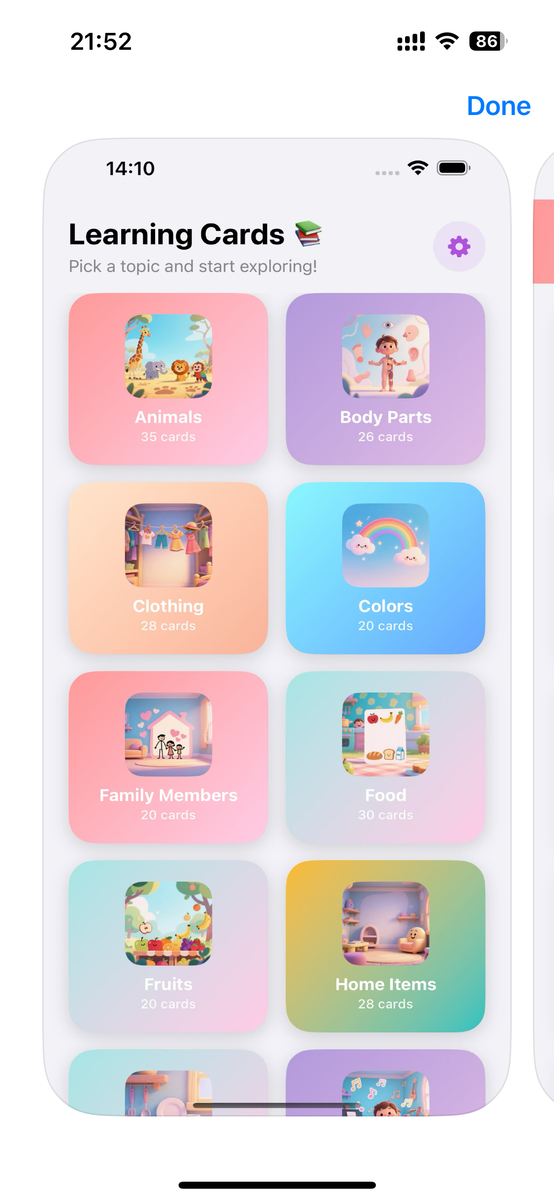 WordCards Plus home screen showing colorful learning categories including Animals, Body Parts, Clothing, Colors, Family Members, Food, Fruits, and Home Items with engaging cartoon illustrations